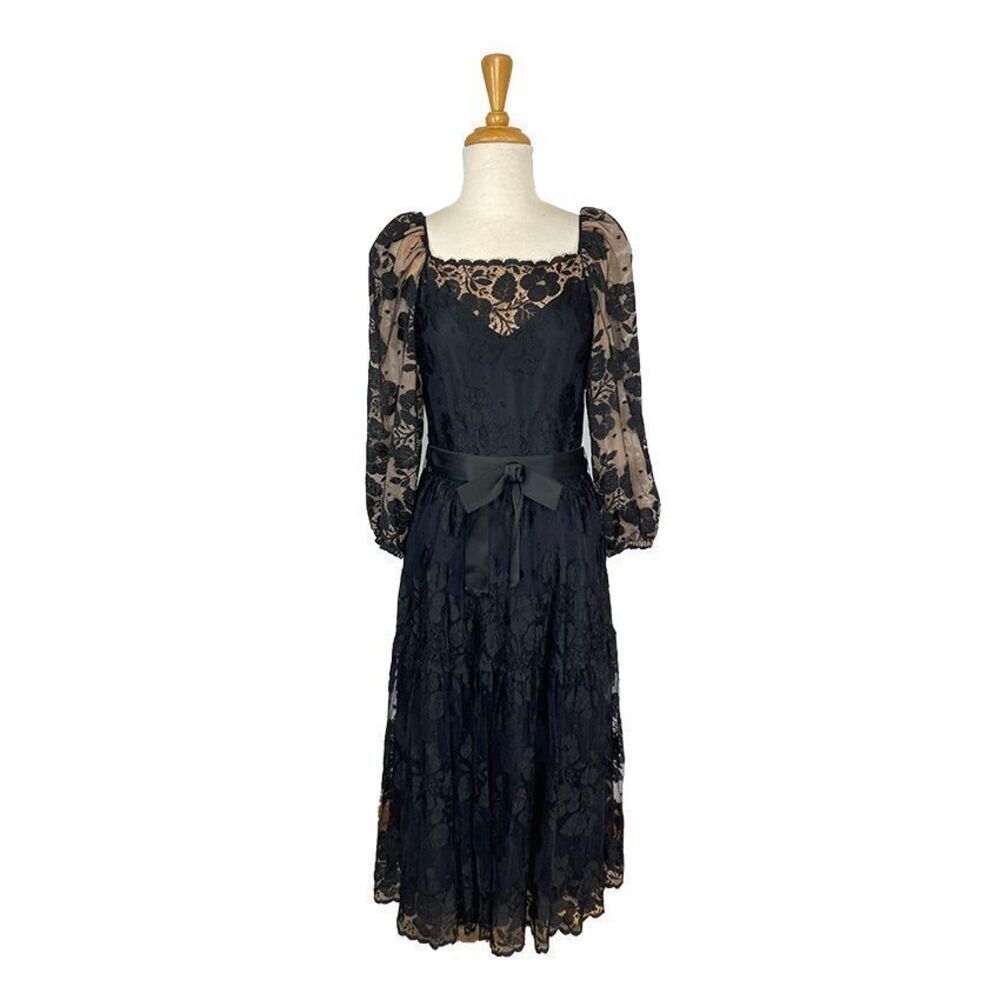 Countess Alexander S Black Lace Dress Vintage 80s Puff Sleeve Goth Halloween